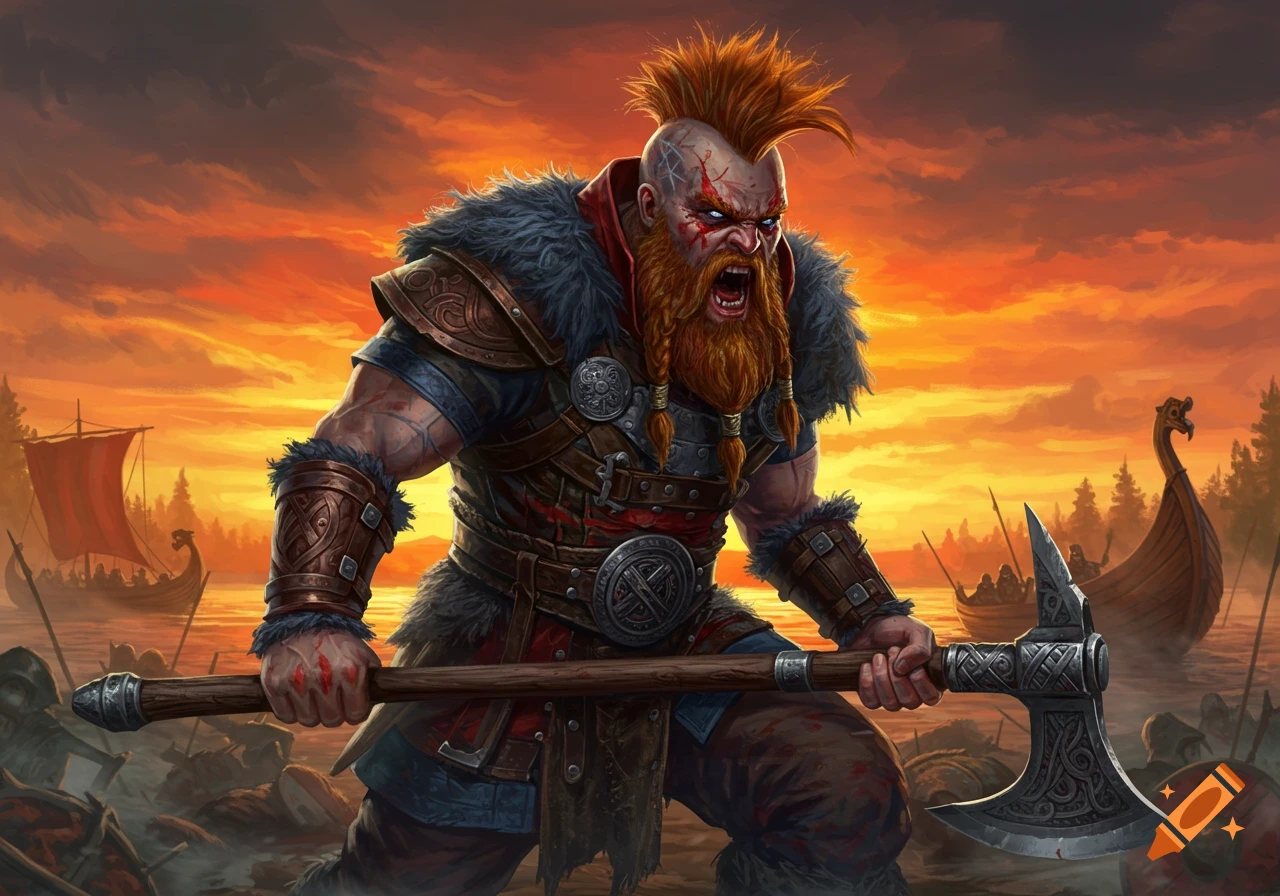 Fierce Viking berserker holding an axe over fallen foes with longships in the background under an orange sky.