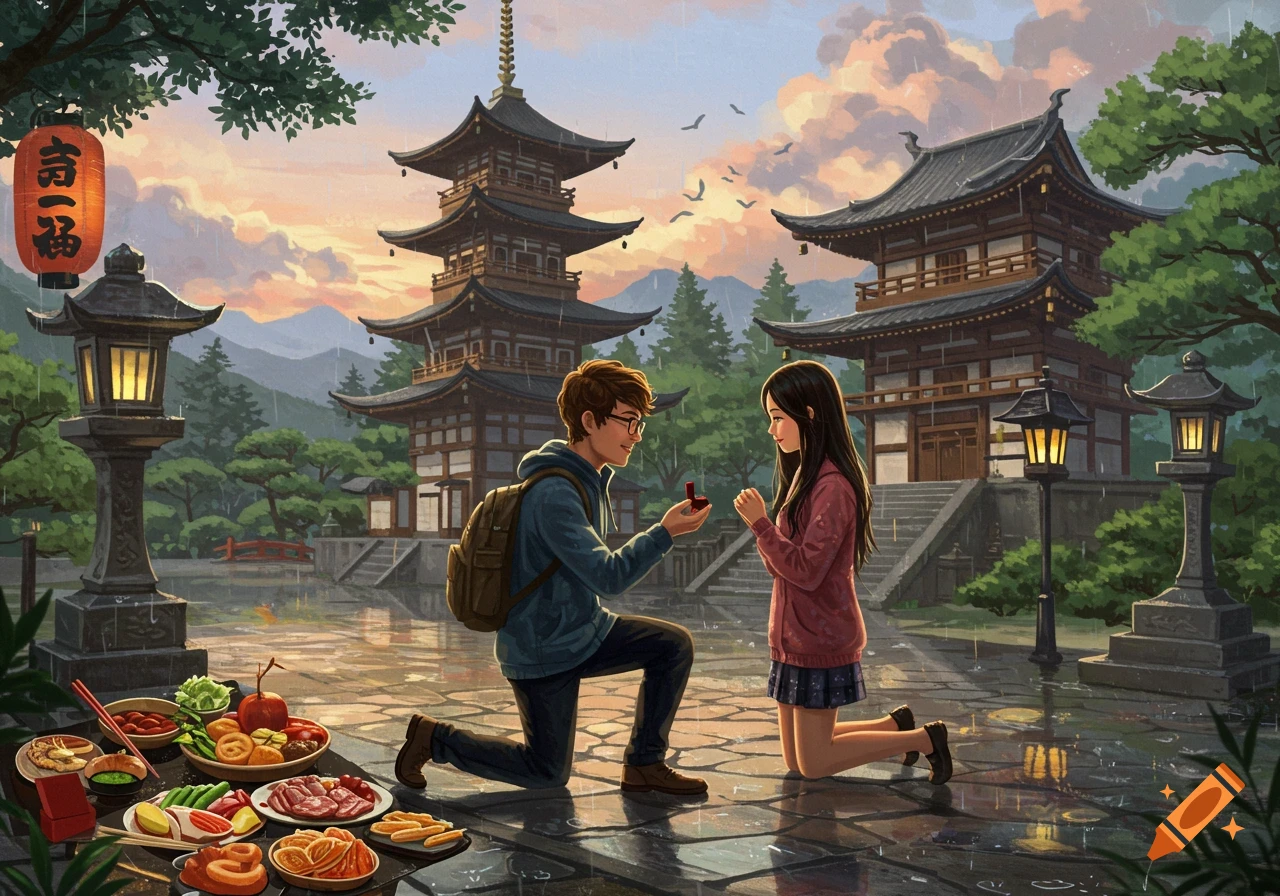 Man proposes to woman in front of Japanese temples in the rain with food nearby