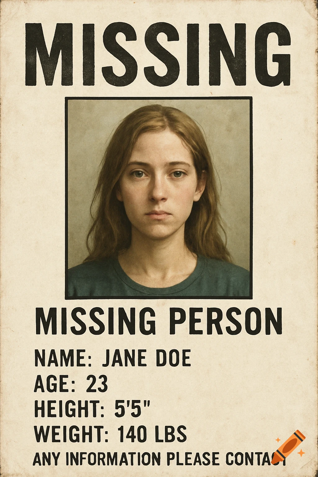 Missing person poster with a portrait of a young woman, listing details like name, age, height, and weight.
