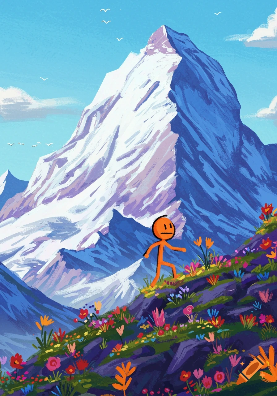 An orange stick figure climbs a flower-covered mountain slope under a blue sky.