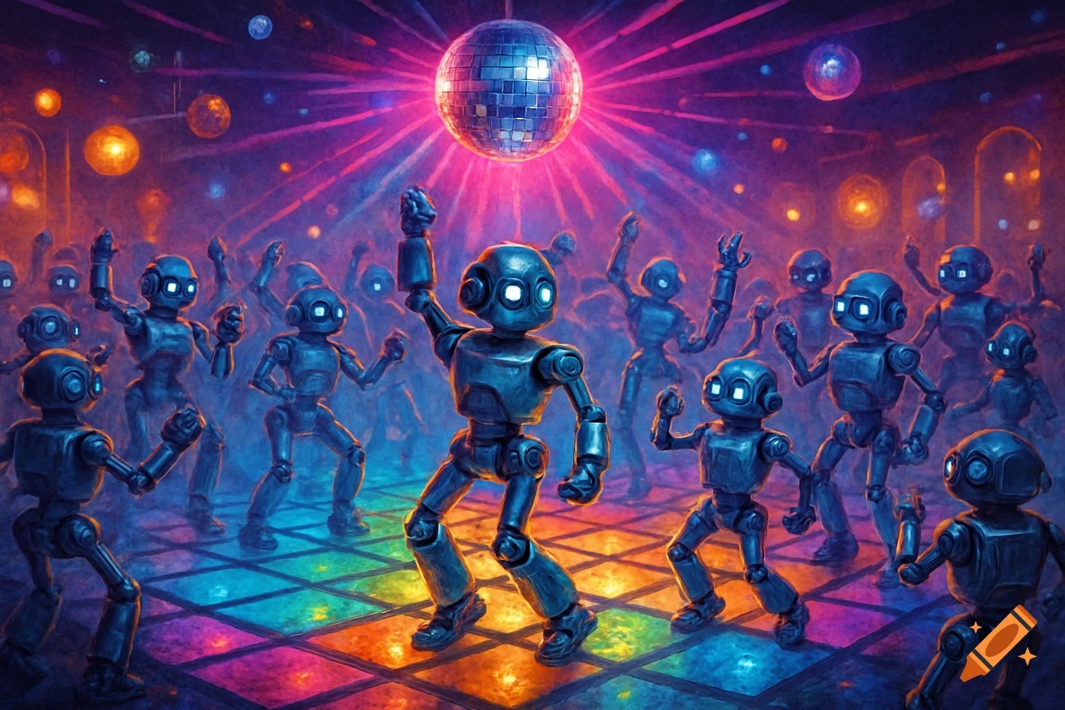 Robots dance on a colorful light-up floor under a disco ball in a nightclub, illuminated by vibrant lights.