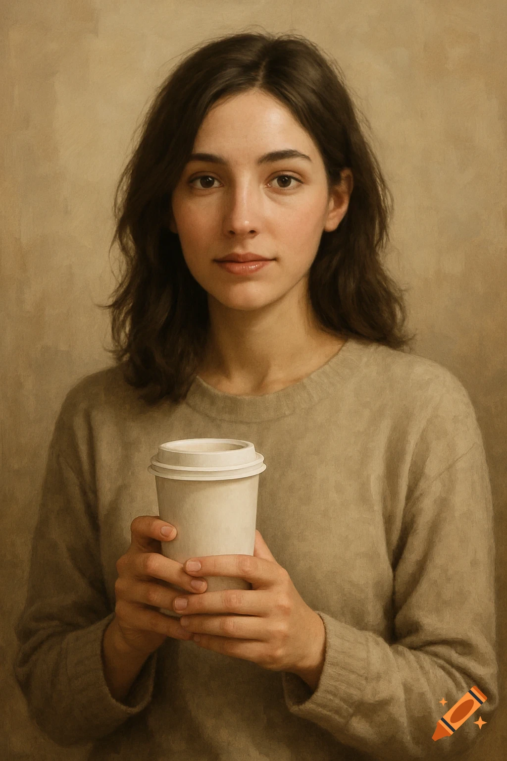 A portrait of a young woman holding a coffee cup, rendered in a painted style.