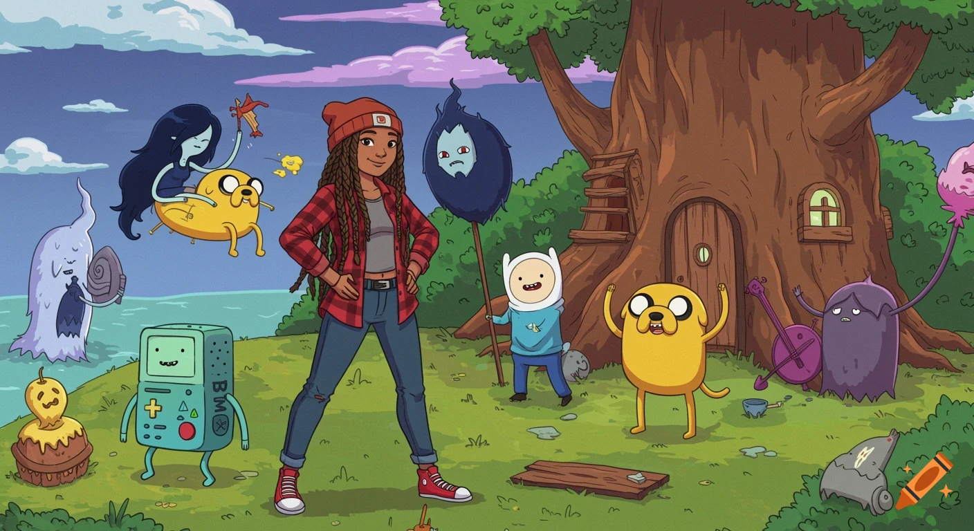 Adventure Time characters with a human friend in front of the treehouse, cartoon style