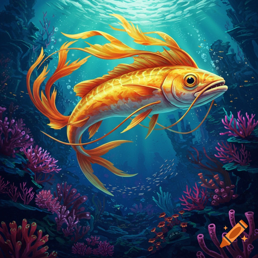 A golden fish with long fins swims in a vibrant underwater reef with colorful coral, illustration style.