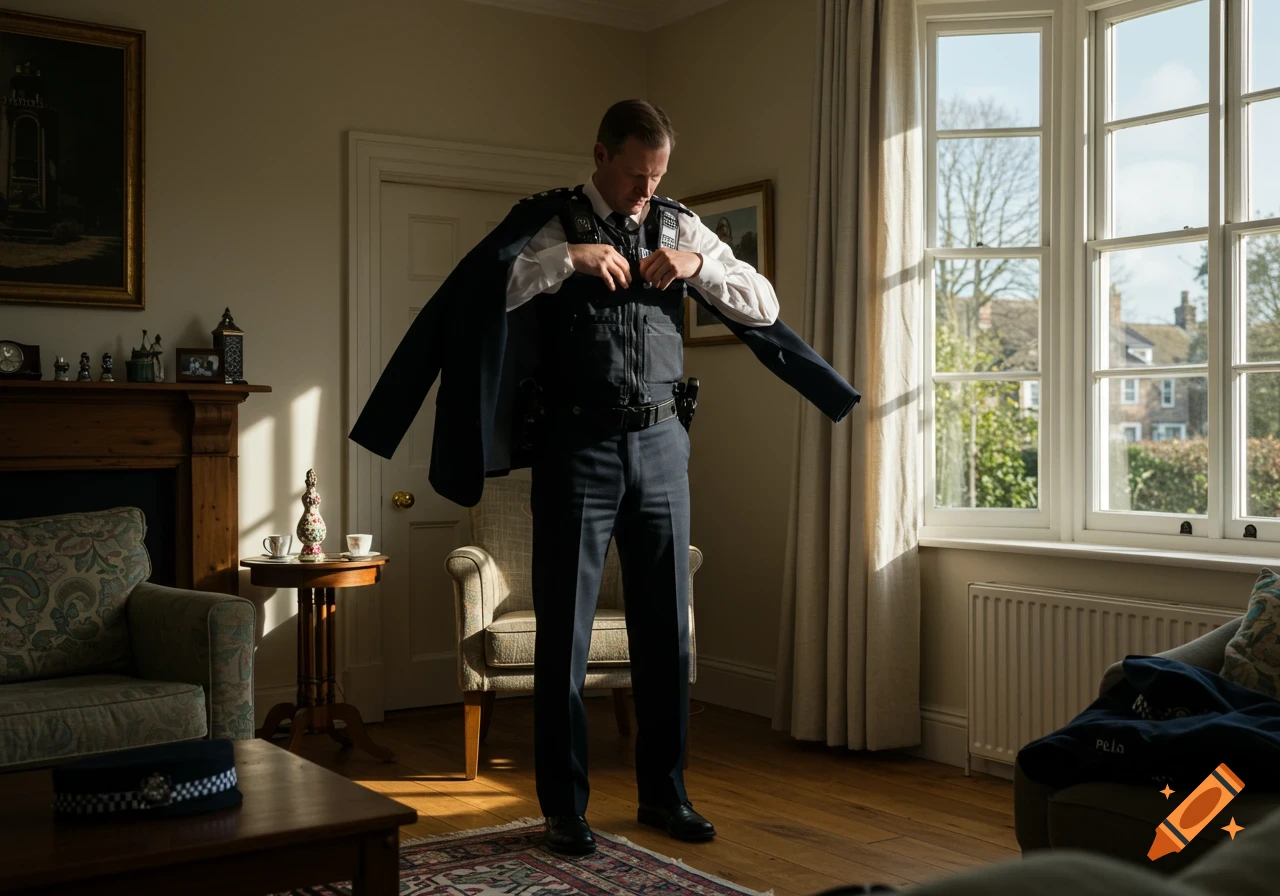 A man in a London Metropolitan Police uniform gets dressed in a sunlit room.