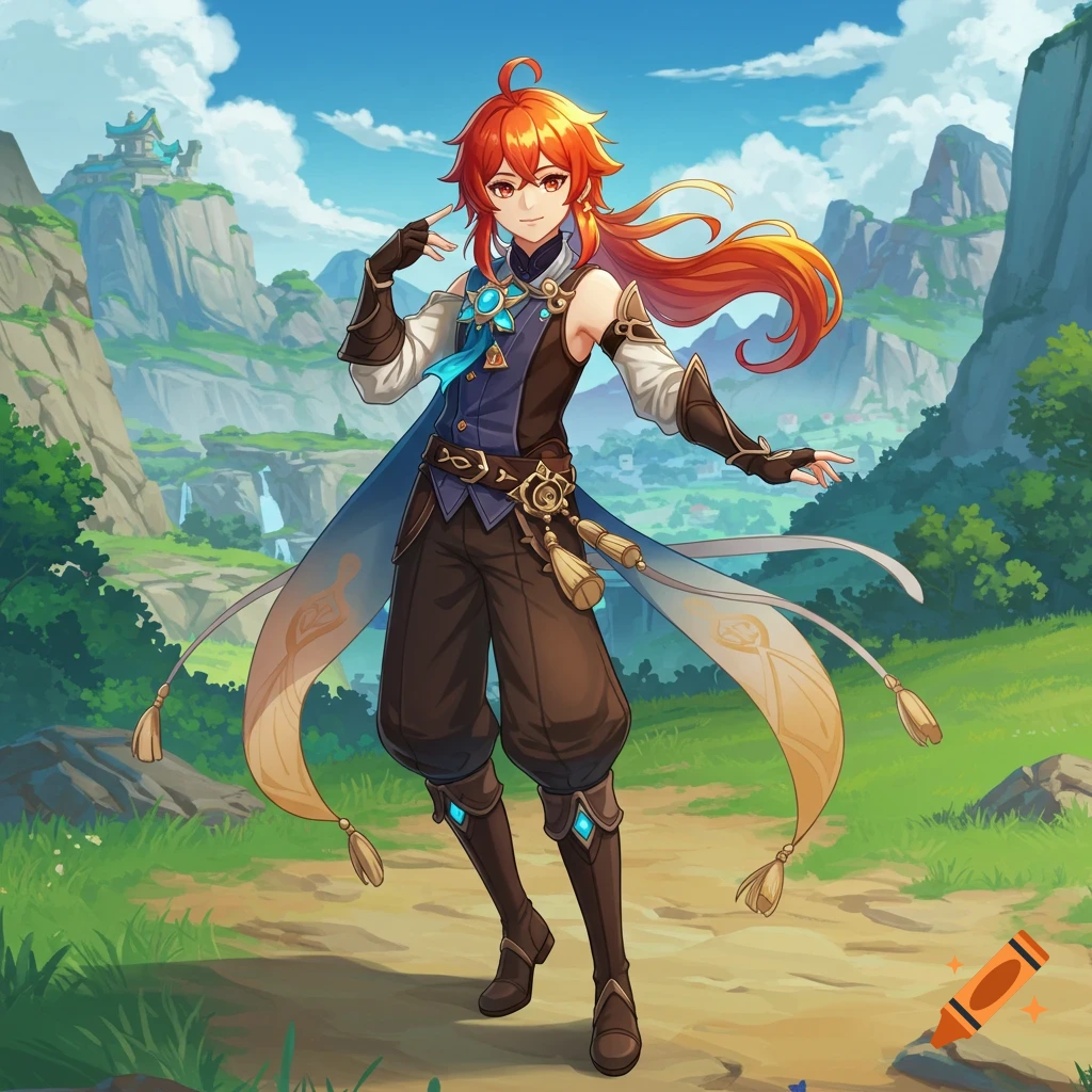 Anime style illustration of a male character with red hair and dark clothing standing in a mountain landscape.