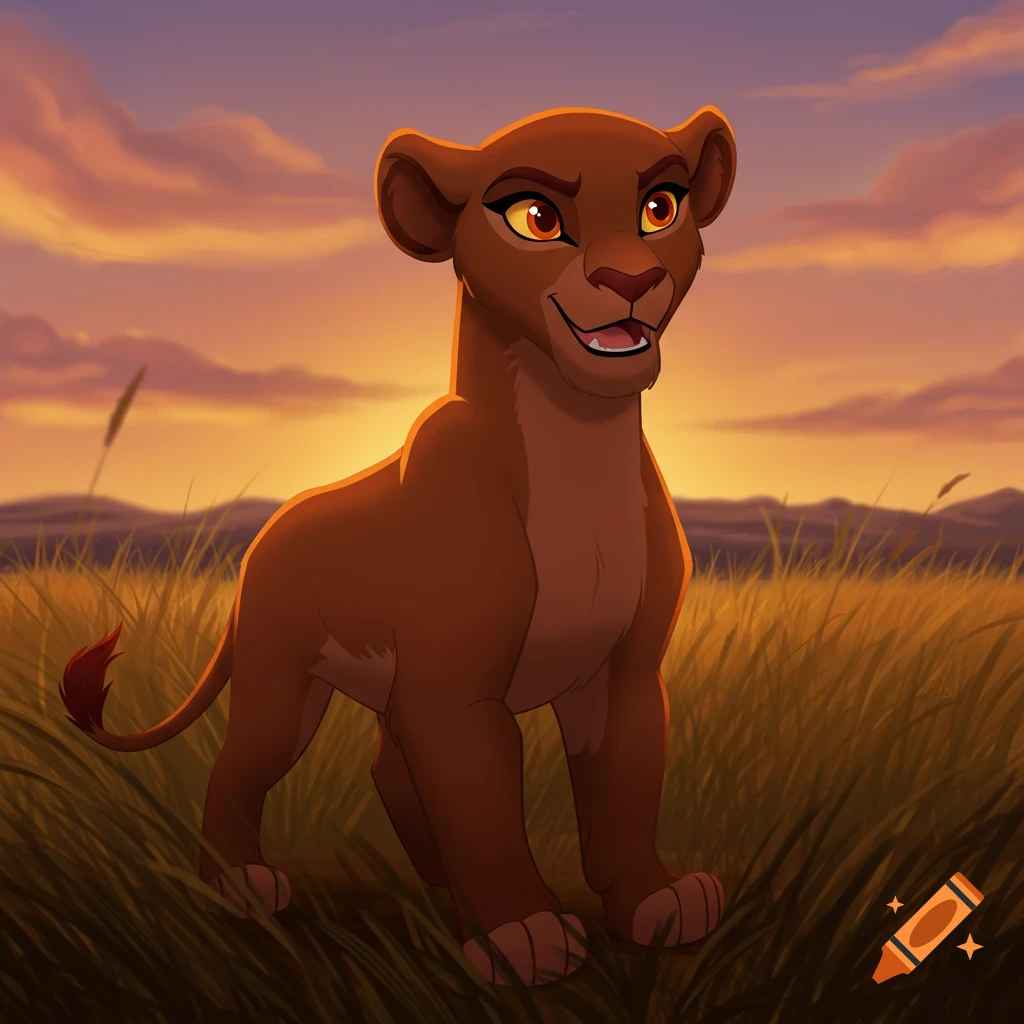 A cartoon lioness stands in a field at sunset