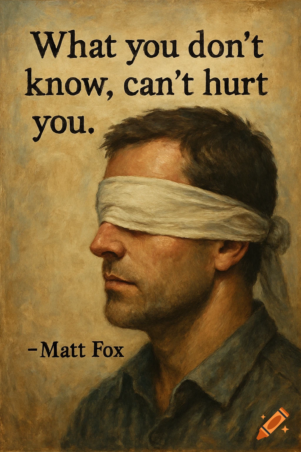 Painting of a man with a blindfold and the quote 'What you don't know, can't hurt you.' by Matt Fox.