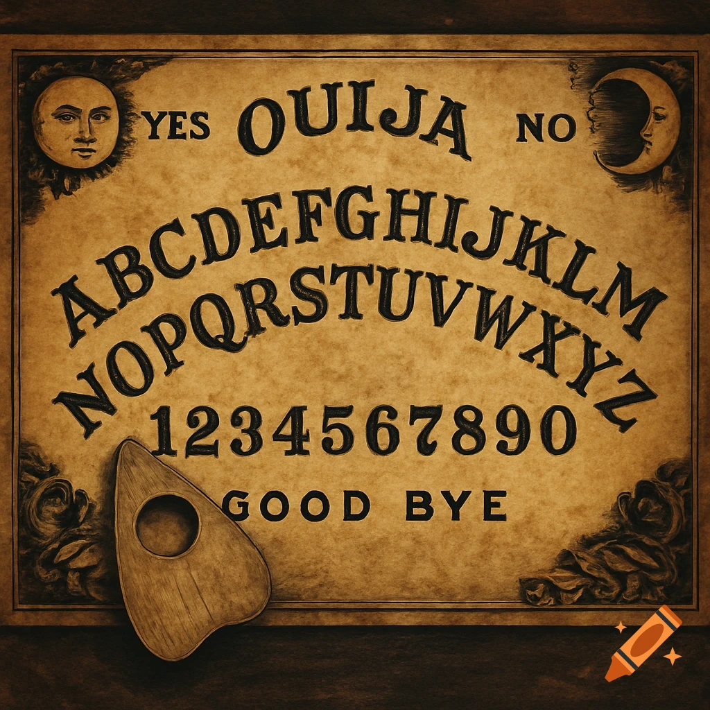A vintage-style Ouija board with a planchette.