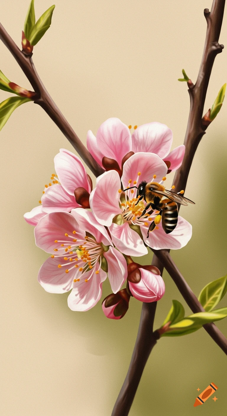 A digital painting of a bee on pink cherry blossoms.