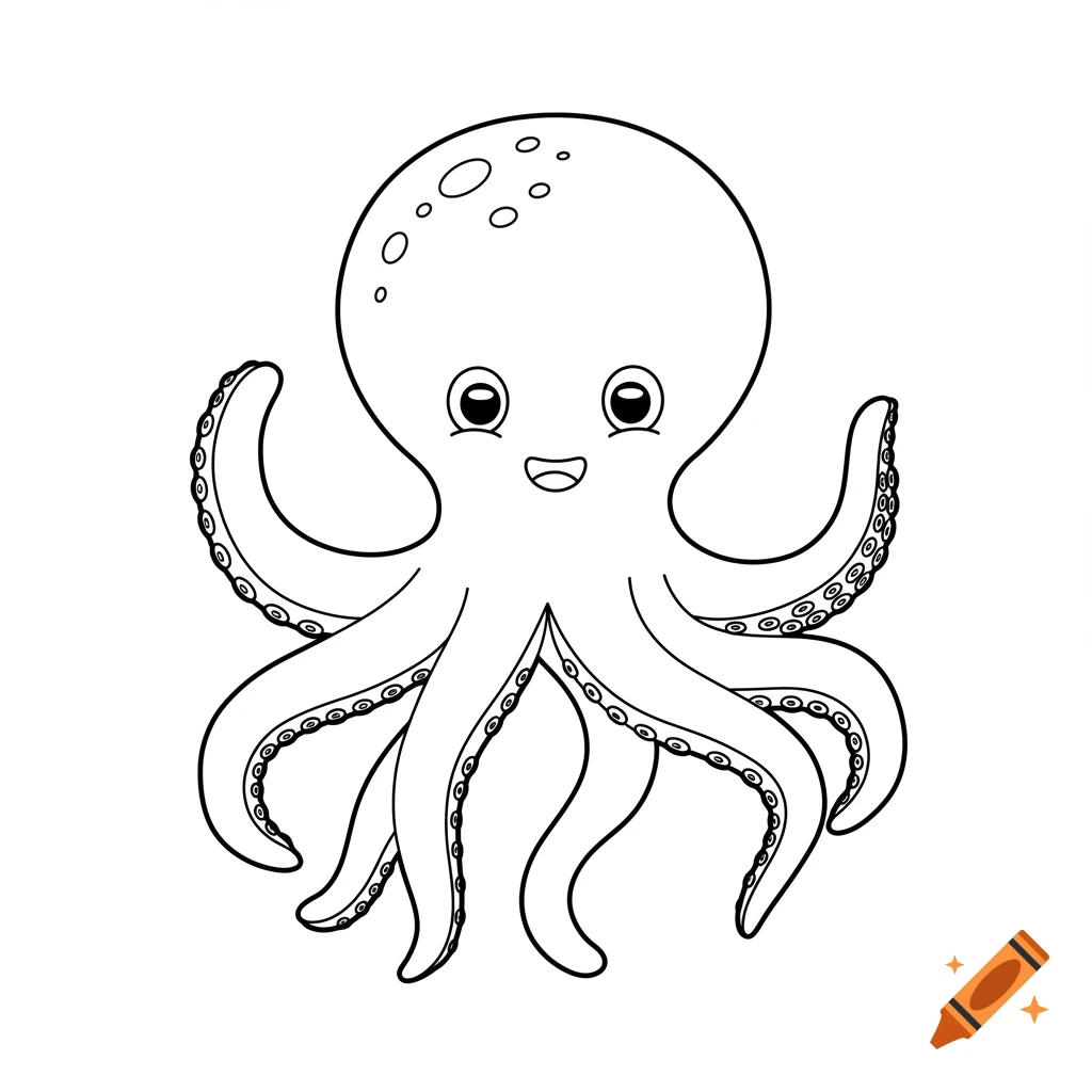 Black and white line drawing of a cute cartoon octopus with a happy face.