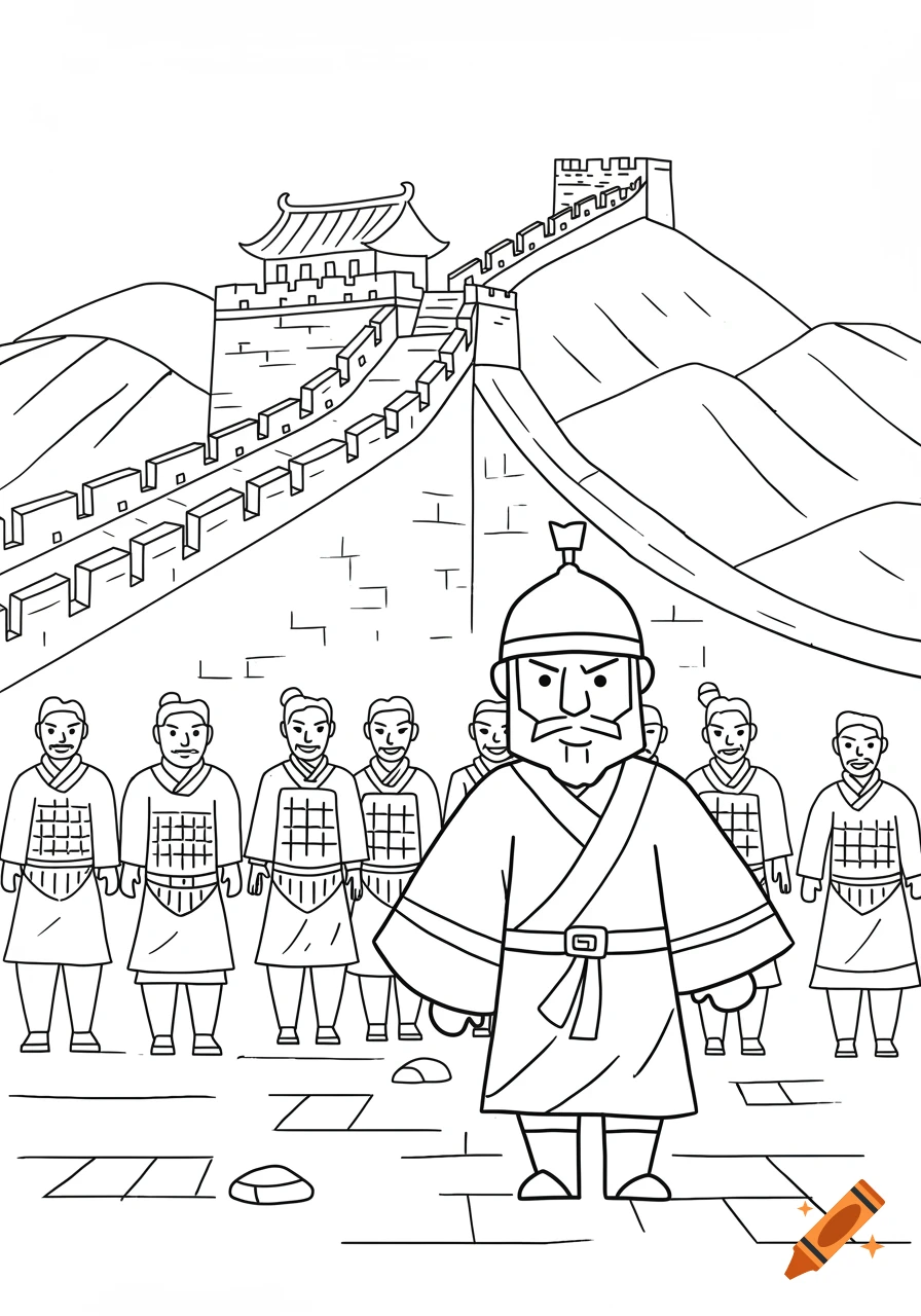 A line drawing of soldiers standing in front of the Great Wall of China, suitable for coloring.