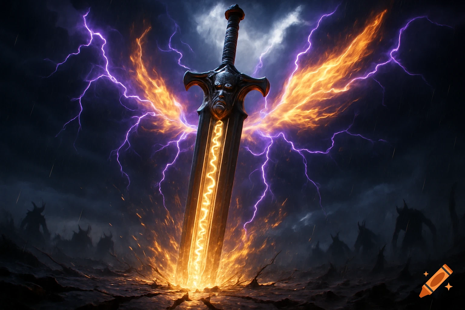 Epic fantasy art: towering greatsword with lightning and fire wings in cracked earth, demons retreating under stormy sky.