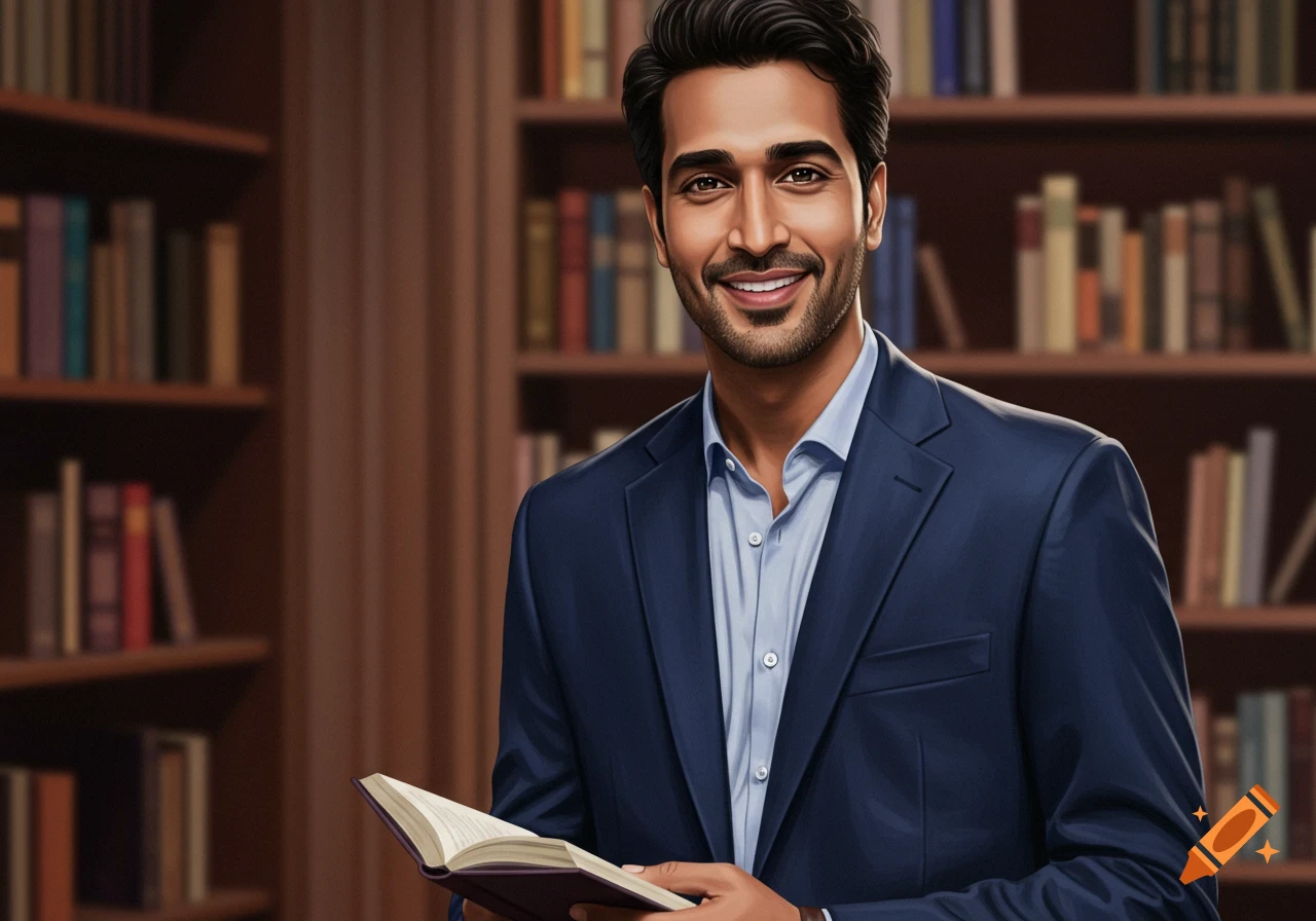 Smiling man in a blue suit holding a book in a library, photorealistic style.
