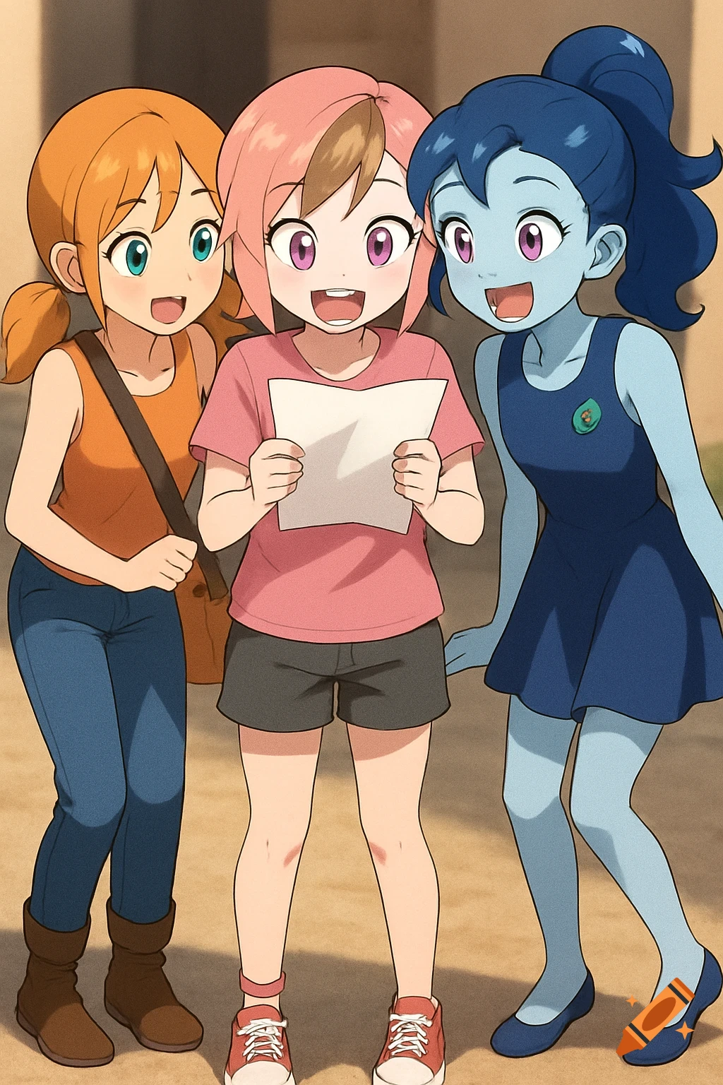 Three smiling anime girls look at a paper; one is holding it.