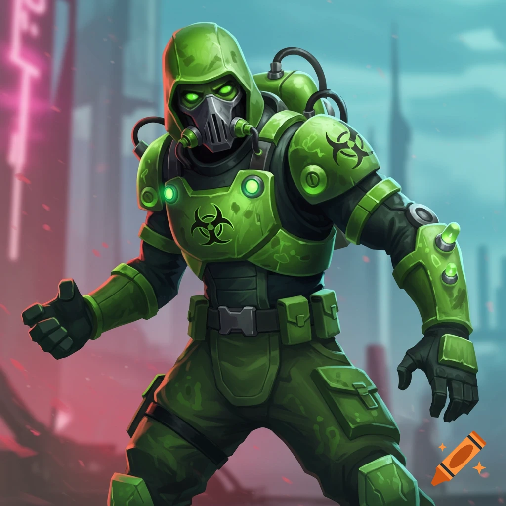 A character in a detailed green biohazard suit with biohazard symbols ...
