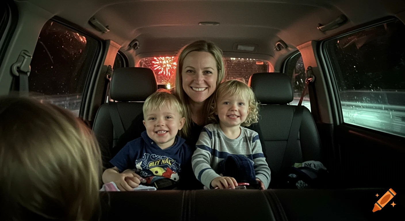 Mother and two young children smiling in the back of a car watching fireworks.