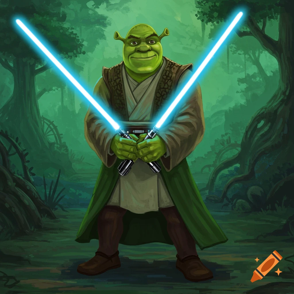 Illustration of Shrek as a Jedi, wearing a robe and wielding two blue lightsabers in a swamp.