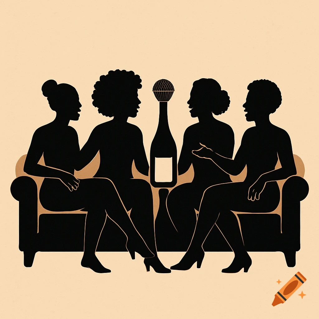 Four Black women silhouettes sitting on a couch with a champagne bottle