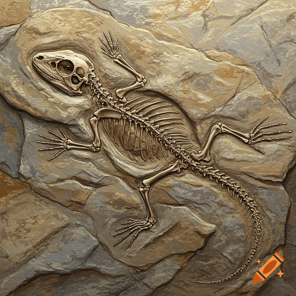 A fossilized lizard skeleton embedded in rock.