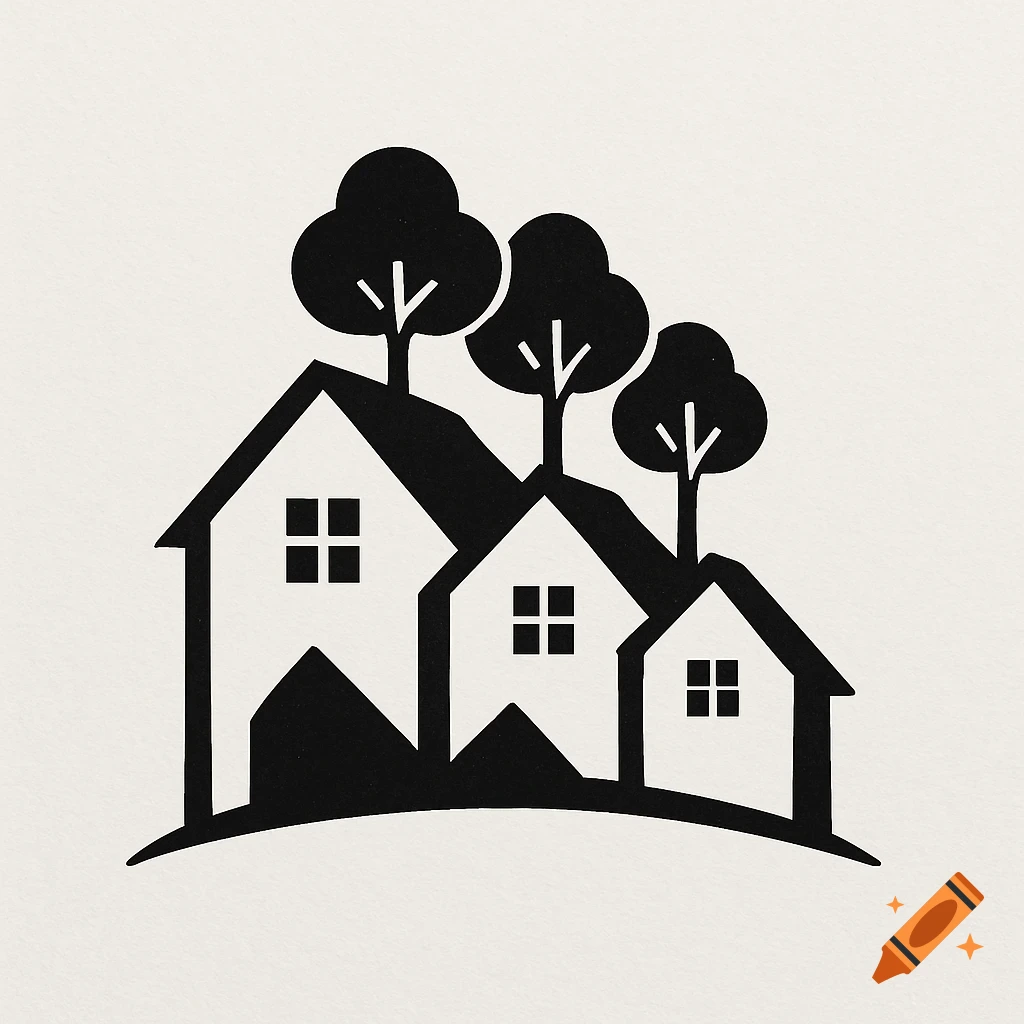 Black and white logo of three houses with trees in a descending row