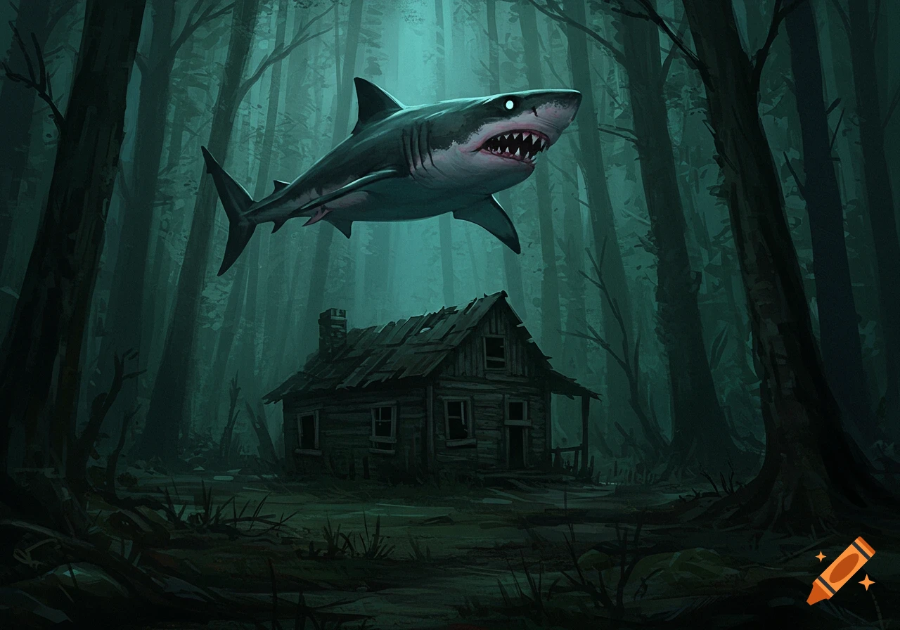 Flying shark above a creepy cabin in dark woods illustration.