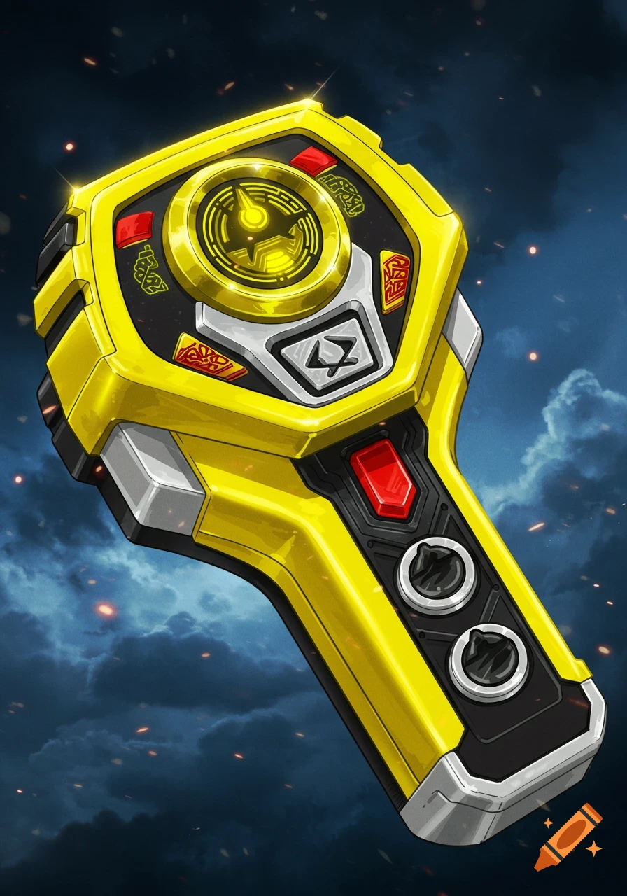 Close-up of a yellow and black Power Ranger cyber morpher against a stormy sky
