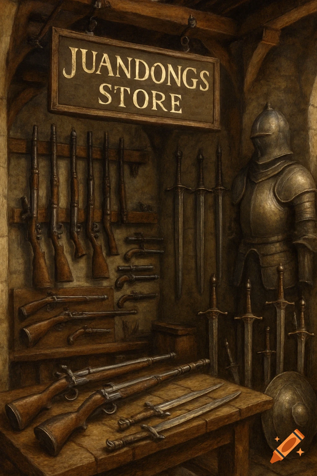 Interior of a medieval weapons store with rifles, pistols, swords, and armor displayed, featuring a sign.