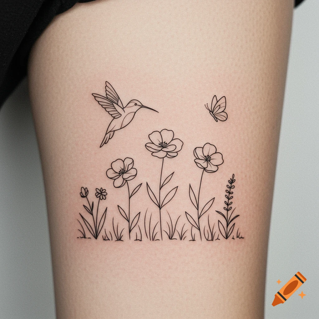 A minimalist outline tattoo of flowers, a hummingbird, and a butterfly on skin.