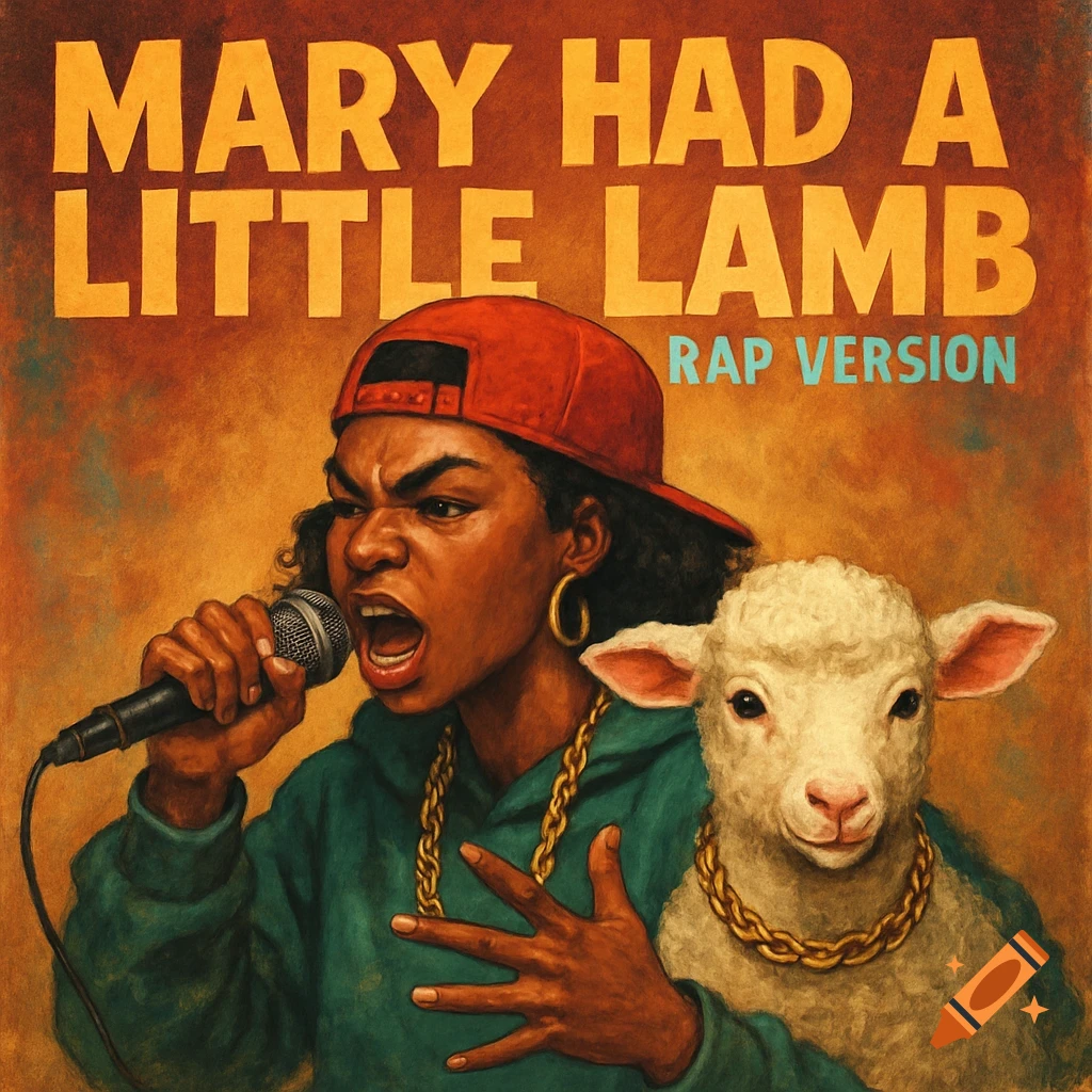 Painting of a woman rapping next to a lamb, both wearing gold chains, with the text MARY HAD A LITTLE LAMB RAP VERSION above.