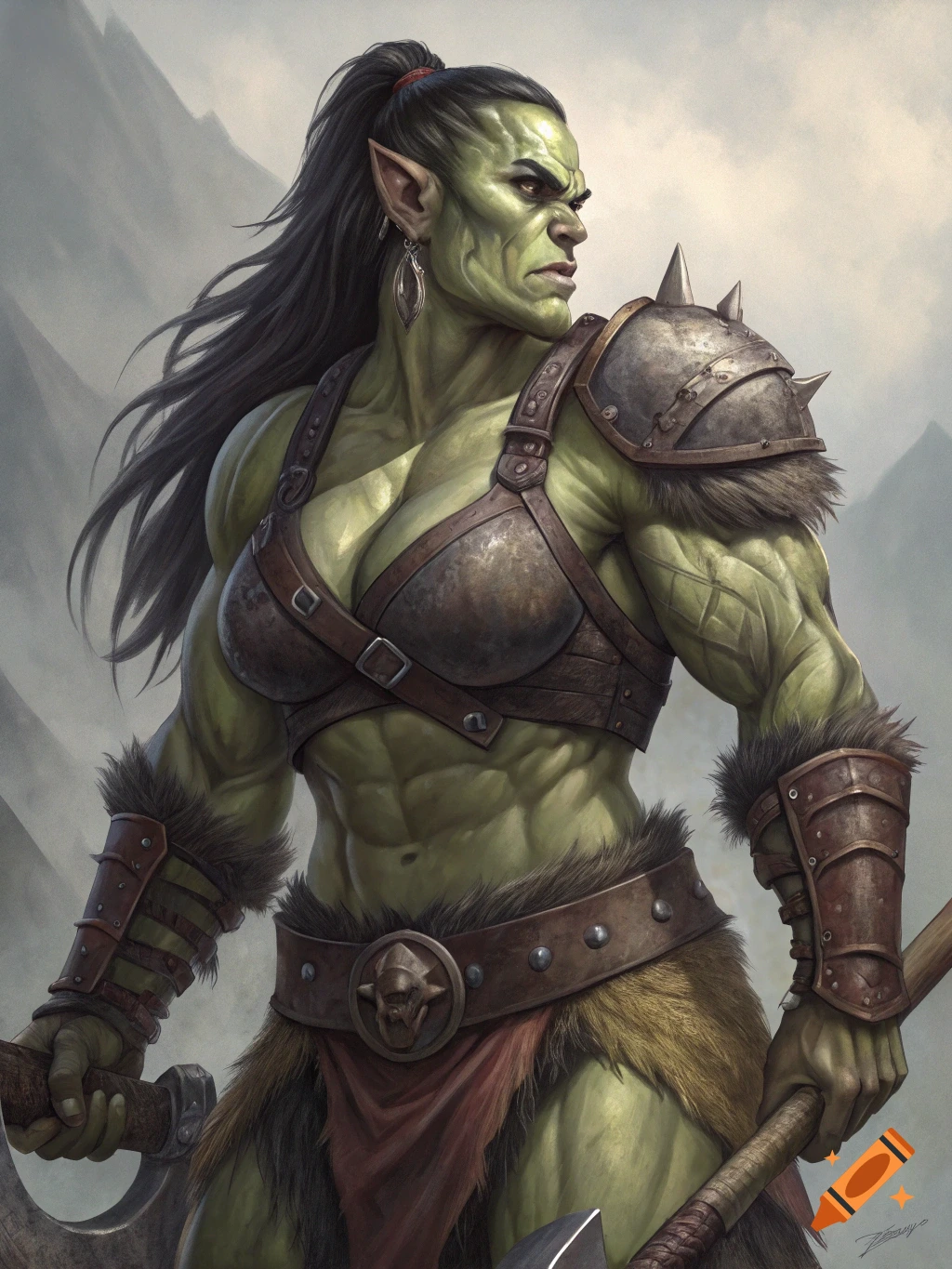 A muscular female orc berserker in leather armor stands in a fantasy setting holding axes.