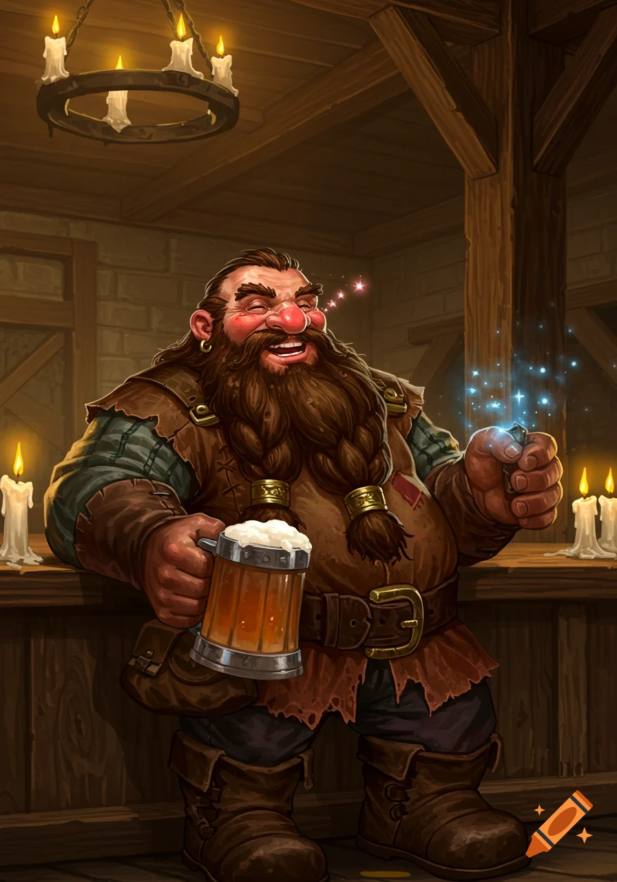 A happy dwarf in a tavern holds a mug of beer, with sparkling stars around his head.