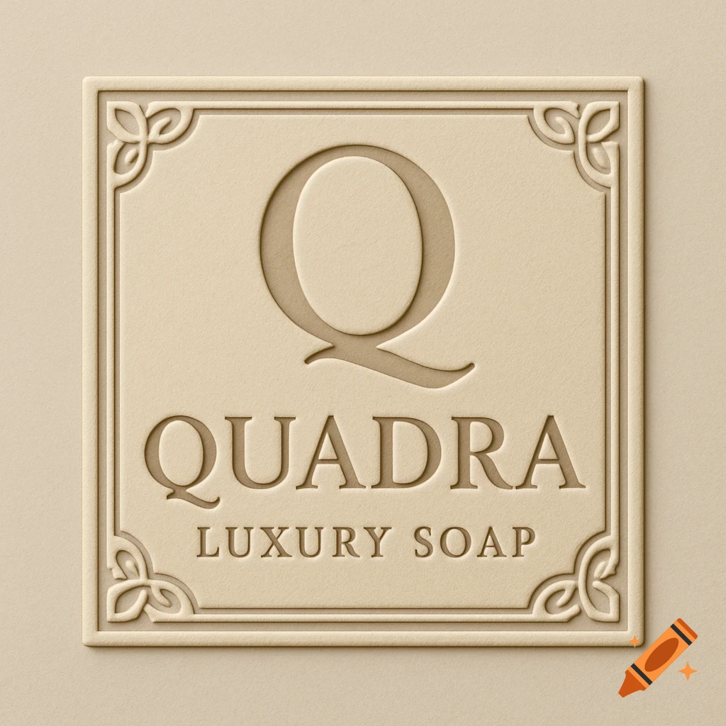 Embossed logo on cream paper with a large Q, the text QUADRA and LUXURY SOAP inside a decorative square border.