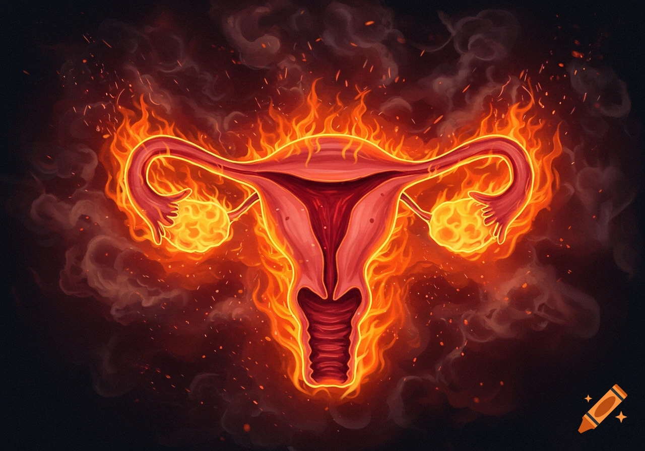 A stylized illustration of a uterus surrounded by bright flames and smoke on a dark background.