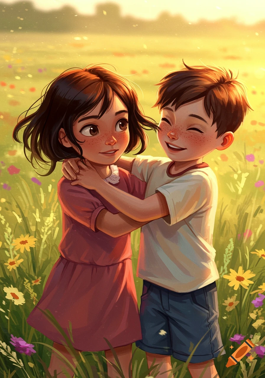 Two children hugging in a sunny meadow illustration