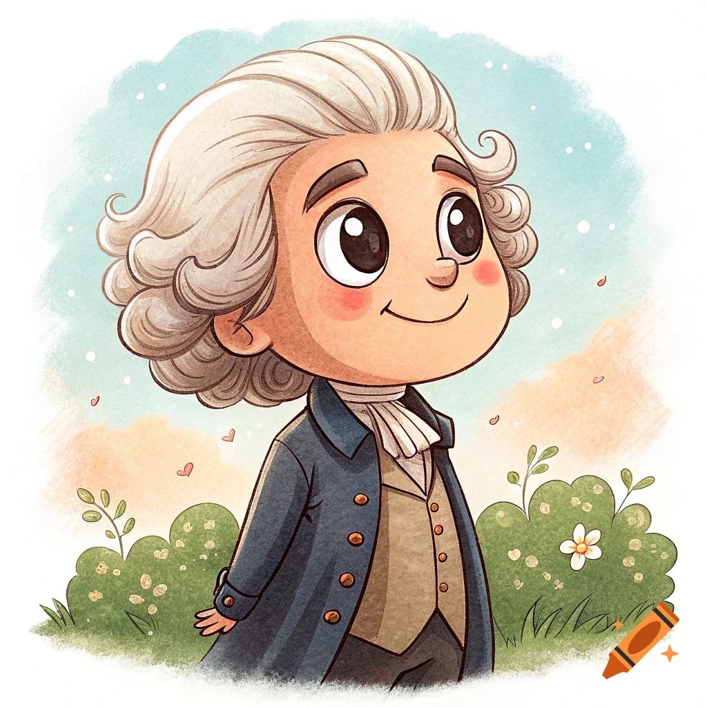 A cute cartoon illustration of Thomas Jefferson smiling outdoors, in a watercolor style.