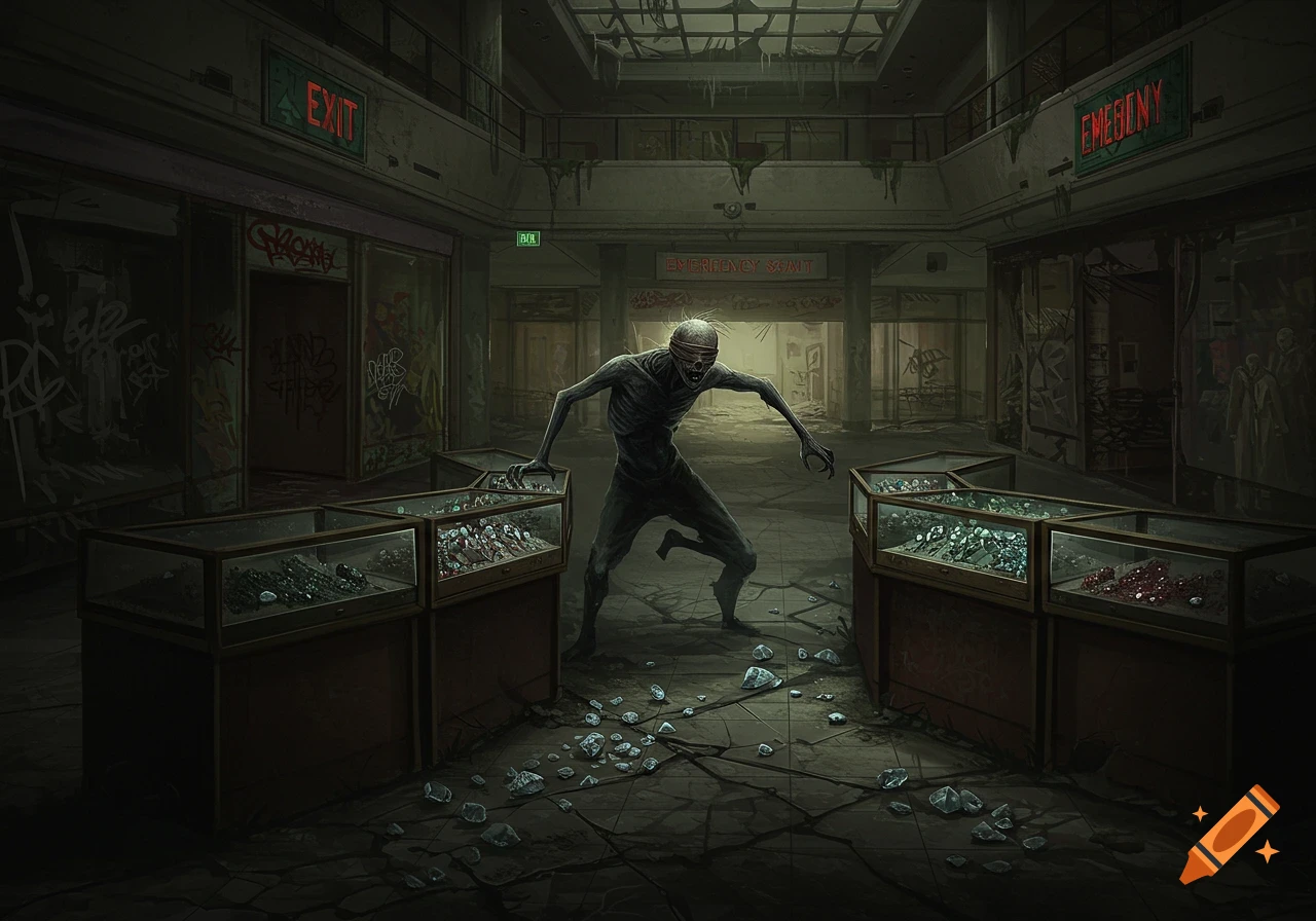 A blind ghoul stands among broken display cases of diamonds in a dark, abandoned mall.