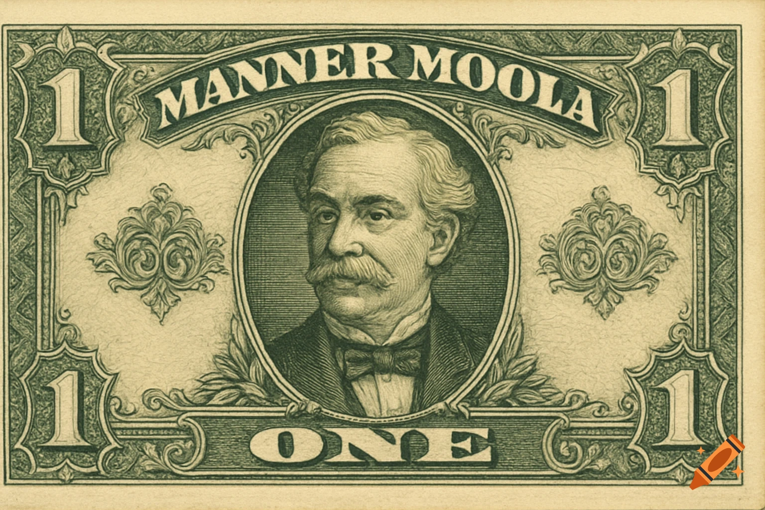 Fake currency note labeled 'Manner Moola' and 'One', featuring a detailed portrait of a man with a mustache.