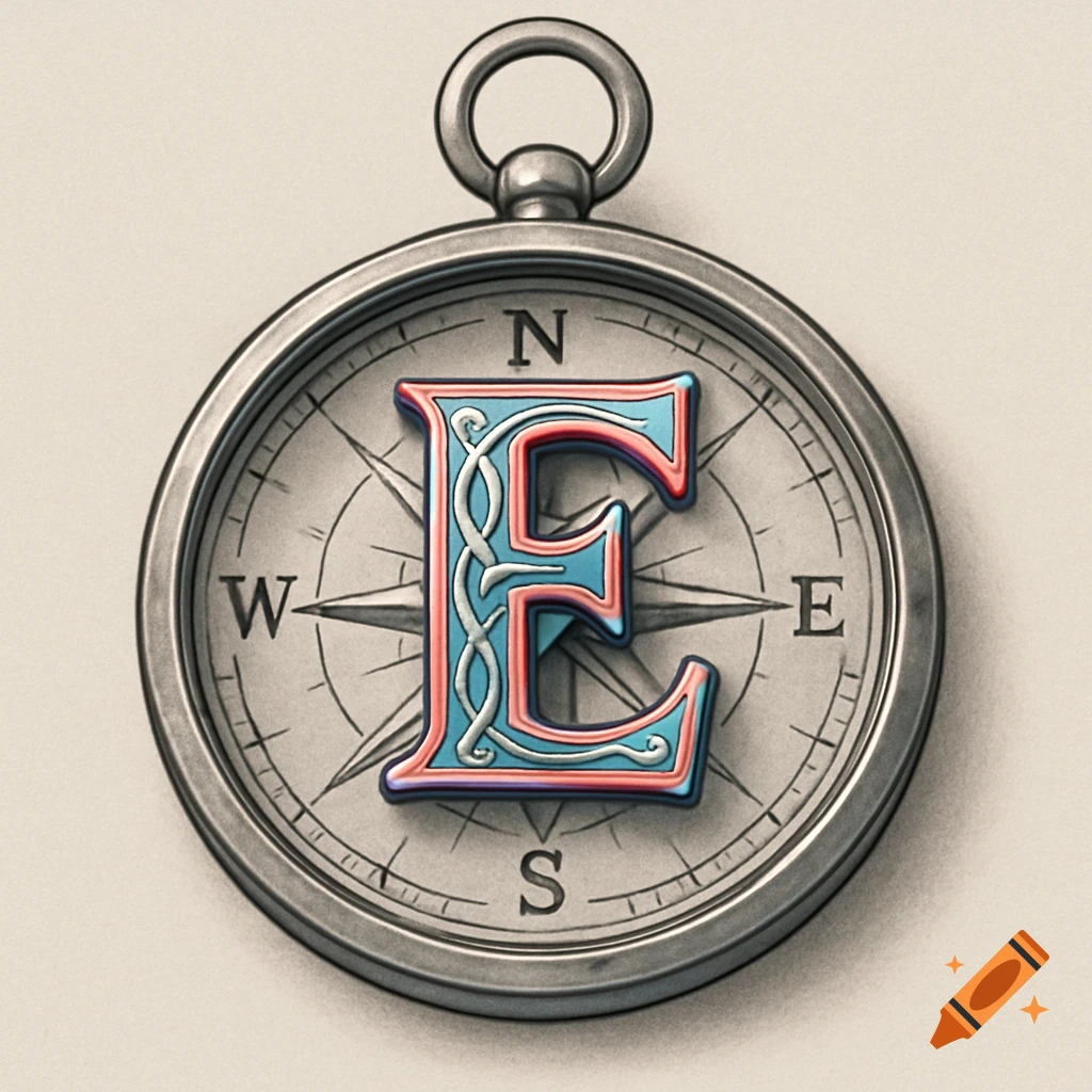 Steampunk compass with a decorative Celtic-style letter E in the center.