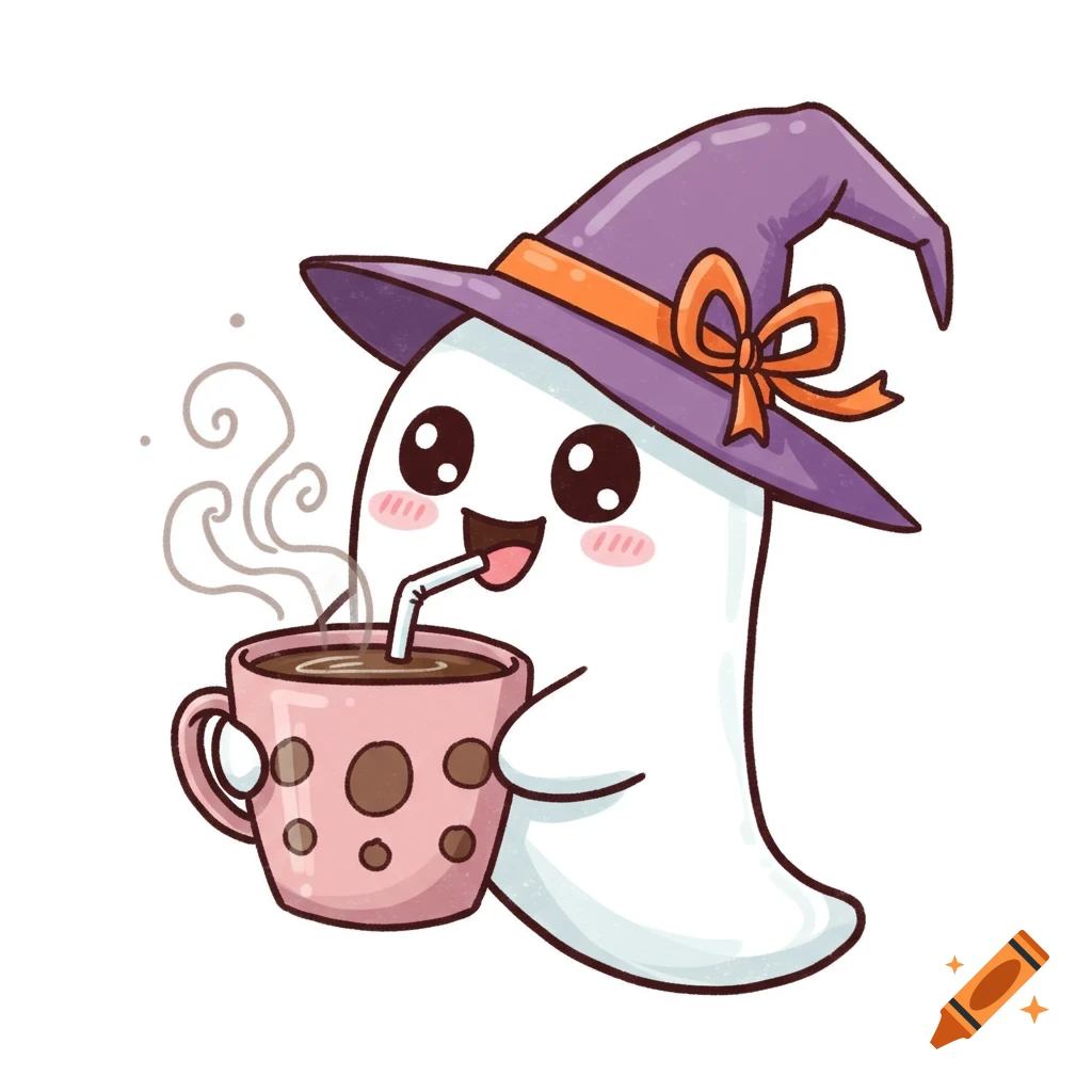 A kawaii cartoon ghost in a purple witch hat drinks coffee from a pink polka dot mug.