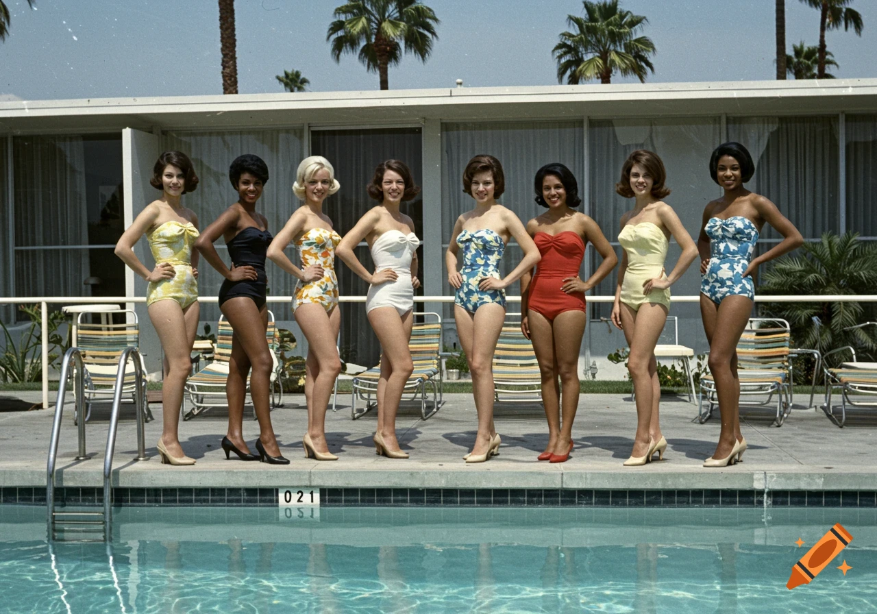 Several women in 1960s swimsuits and heels stand by a pool with palm trees and a hotel building behind them.