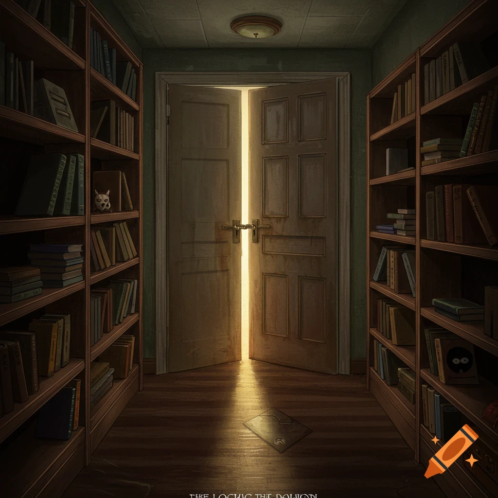 A dimly lit library room with shelves of books leading to a slightly ajar door glowing with bright light. An illustration in a mysterious style.