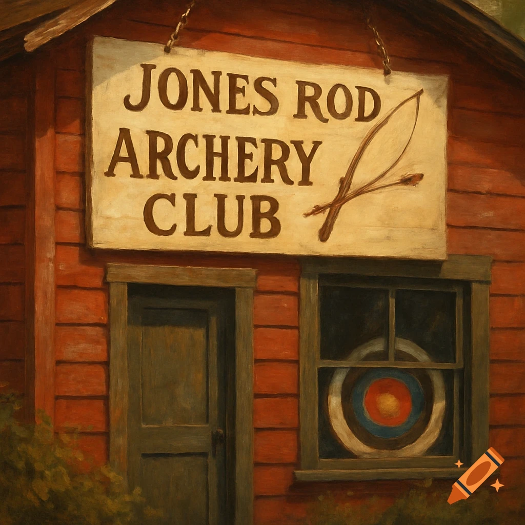 Close-up of a red building with a sign 'Jones Rod Archery Club', a bow illustration, and a window showing an archery target. Painterly style.