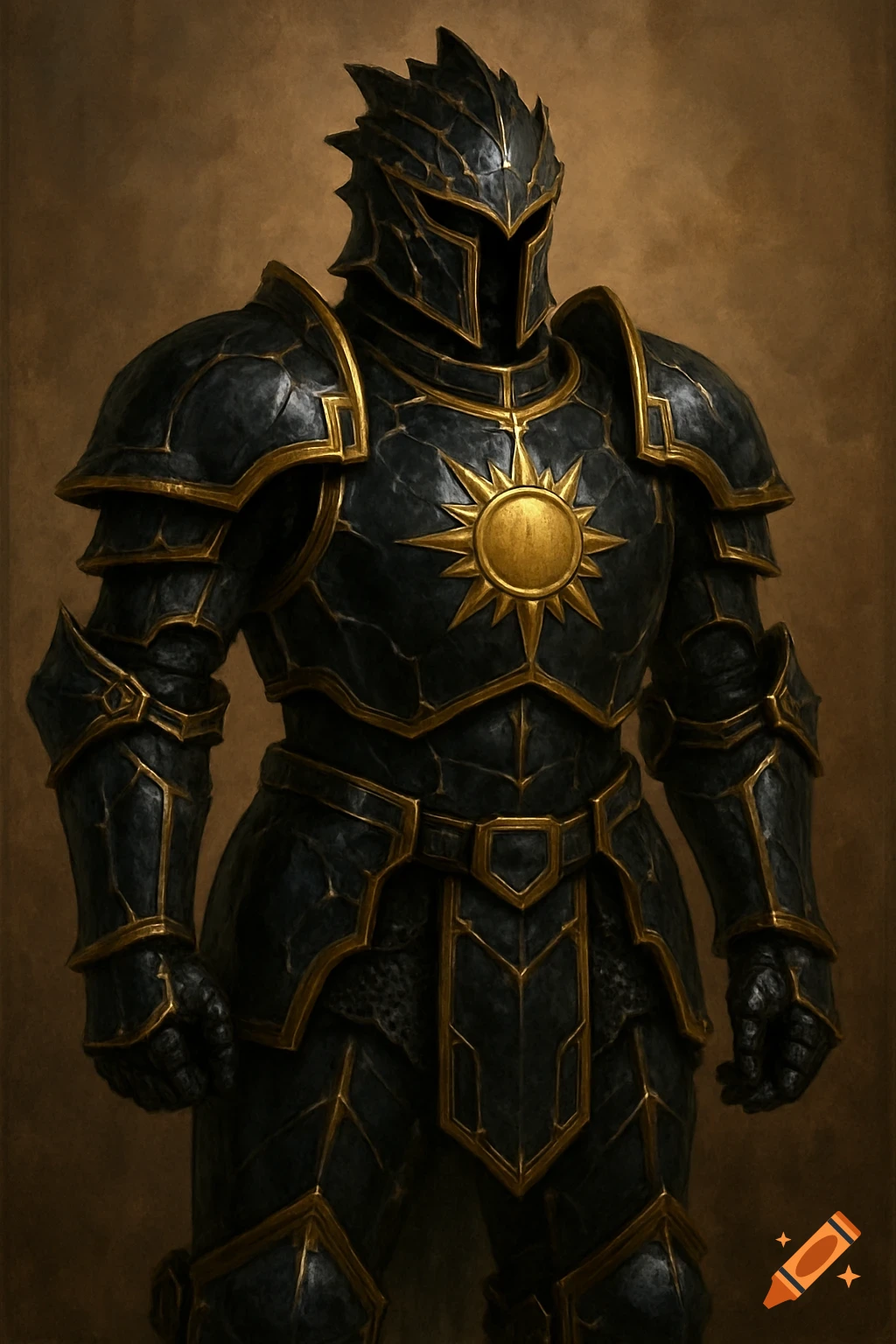 A fantasy knight stands wearing ornate black and gold armor with a sunburst emblem on the chest.