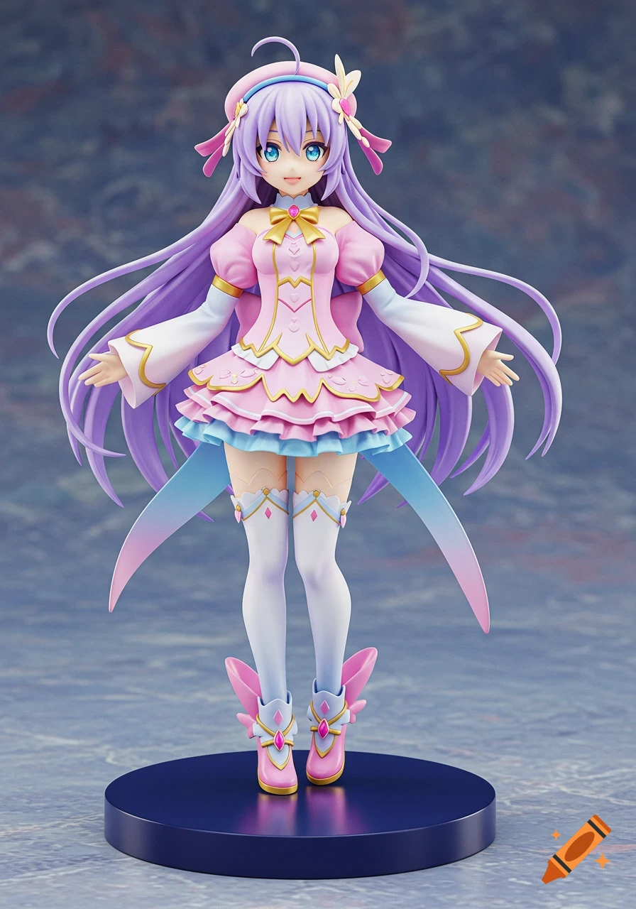 An anime girl figurine with long purple hair, a pink dress, and wings on her shoes stands on a blue base.