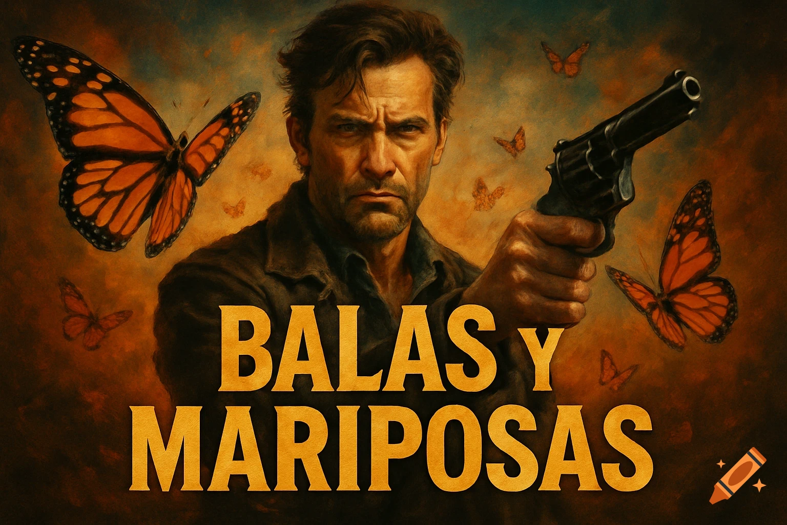 Movie poster of a man holding a gun, surrounded by butterflies, with the text 'BALAS Y MARIPOSAS'.