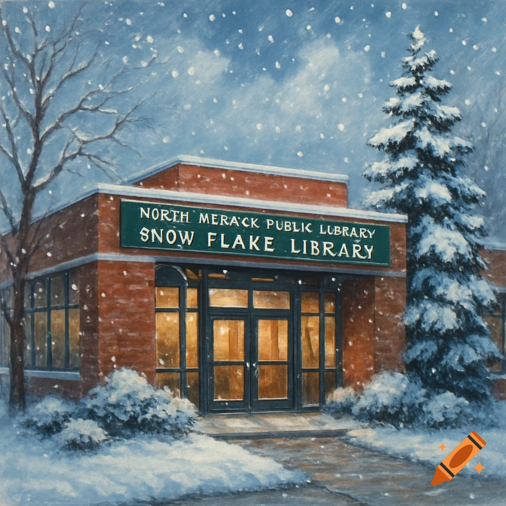 A brick library building is covered in snow with a sign that reads "NORTH MERACK PUBLIC LIBRARY SNOW FLAKE LIBRARY".