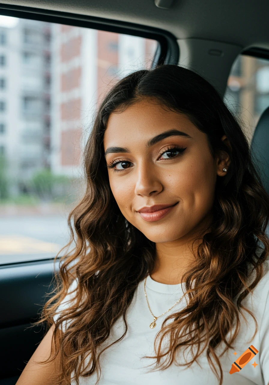 Portrait of a woman with dimples sitting in a car