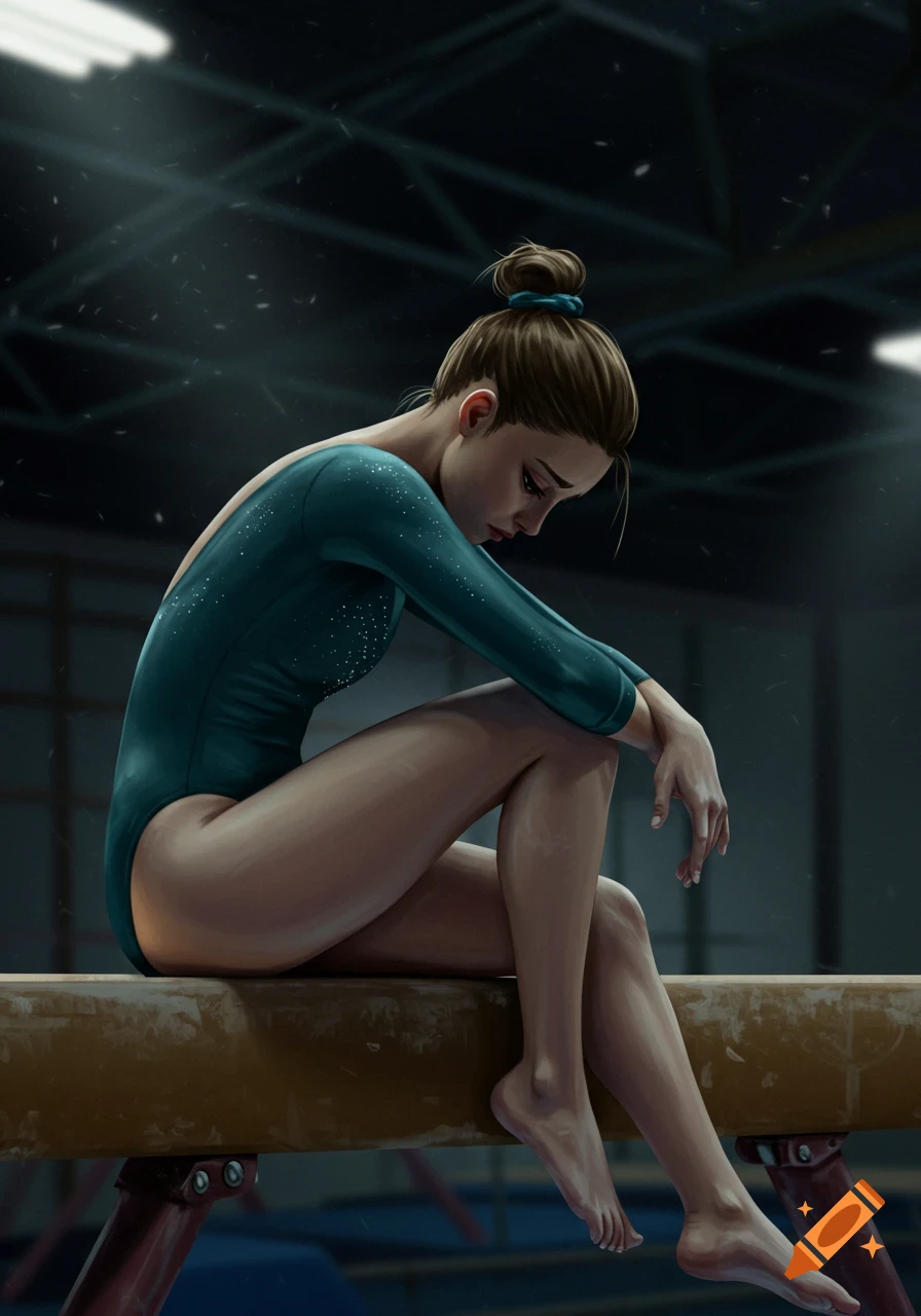 Sad gymnast sits on a balance beam in a dimly lit gym, illustration.