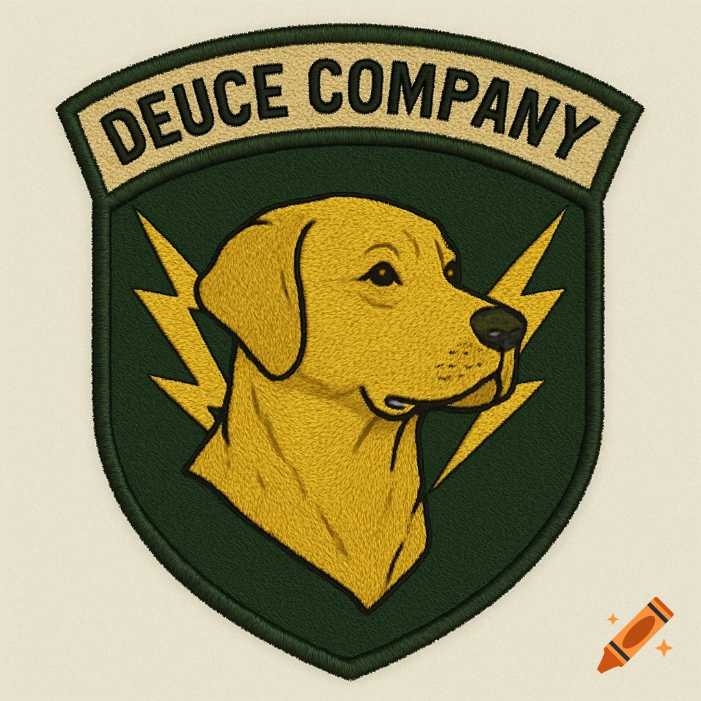 Embroidered army patch with a yellow Labrador, lightning bolts, and 'DEUCE COMPANY' text.
